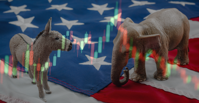 An elephant and donkey on a US flag with market charts superimposed, symbolizing market volatility in election years
